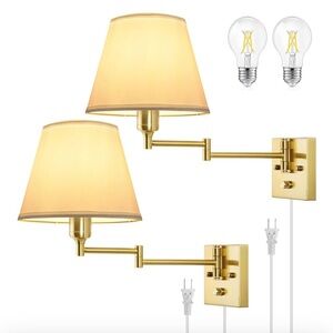Gold Brass Swing Arm Wall Sconce Set with Cream Shade by TRLIFE